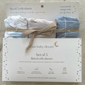 Dream Baby Dream Set of 3 Fitted Crib Sheets 28inx 58in Tan, Blue, Dinosaurs NWT